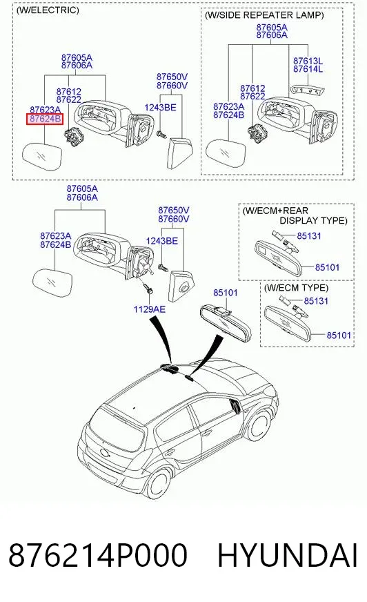 Стекло правого зеркала заднего вида 876214P000 Hyundai/Kia