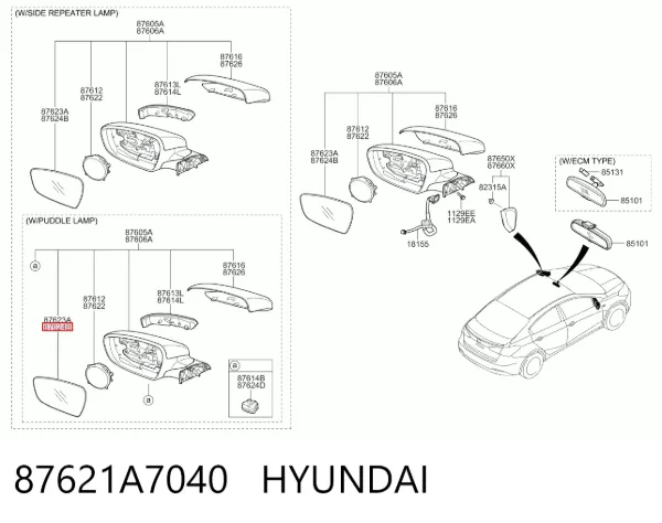Стекло правого зеркала заднего вида 87621A7040 Hyundai/Kia