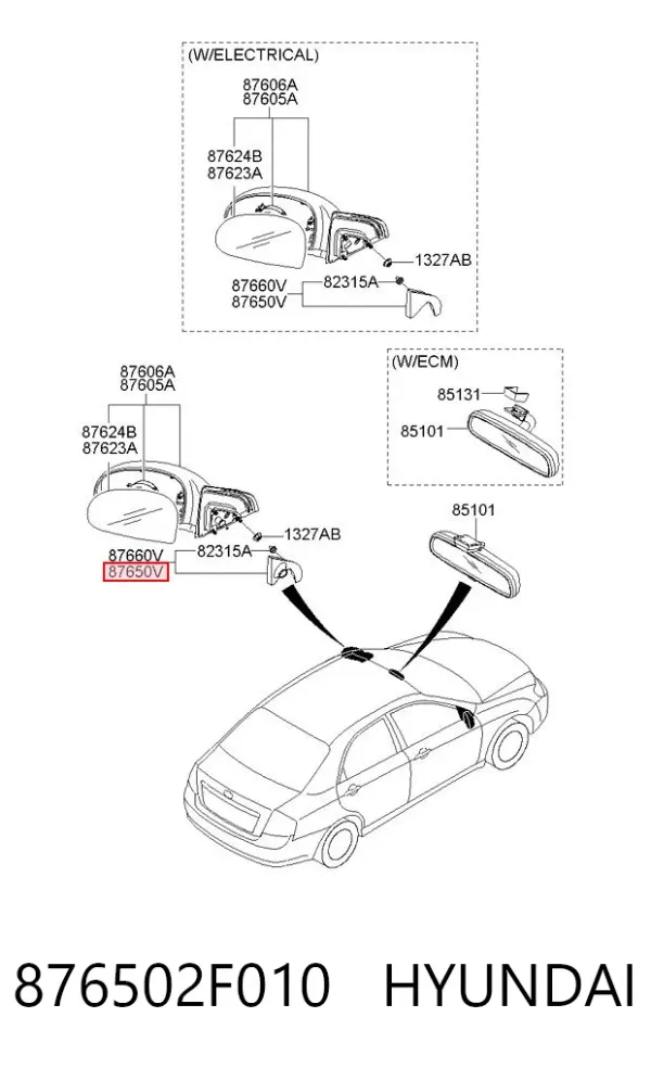 Левое боковое зеркало 876502F010 Hyundai/Kia