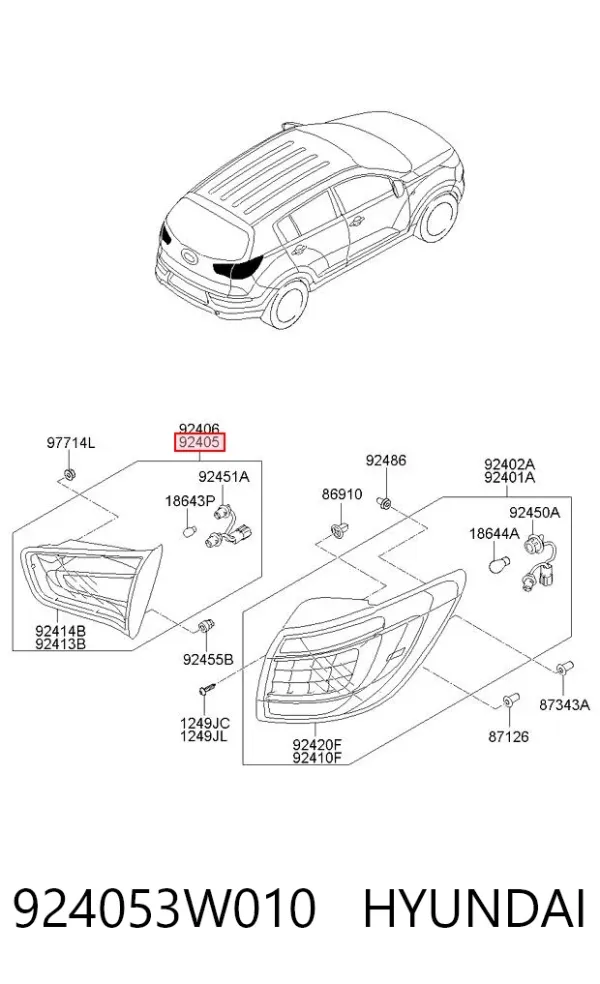 Фонарь задний левый внутренний 924053W010 Hyundai/Kia