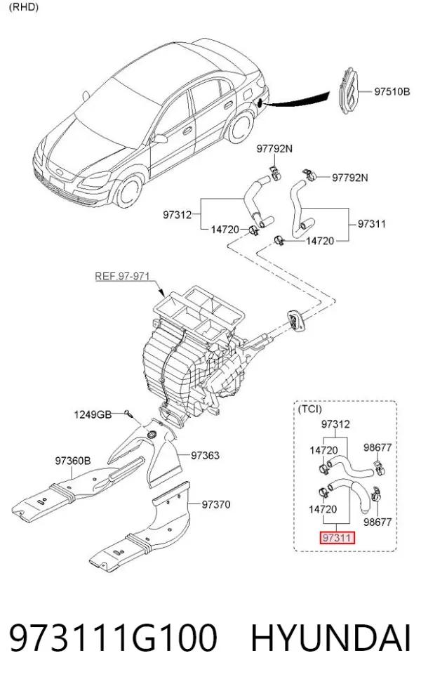 Патрубок радиатора печки 973111G100 Hyundai/Kia