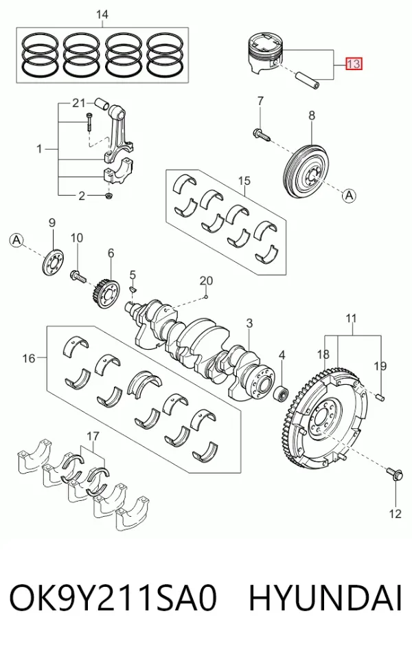 Поршень с пальцем без колец, STD OK9Y211SA0 Hyundai/Kia
