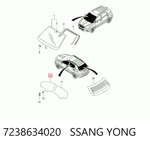 Стекло двери передней правой 7238634020 Ssang Yong