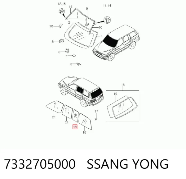 Стекло-форточка двери задней правой 7332705000 Ssang Yong
