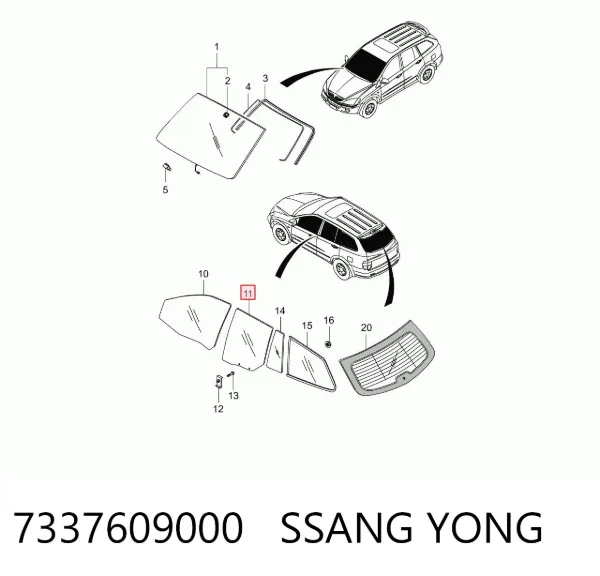 Стекло двери задней левой 7337609000 Ssang Yong