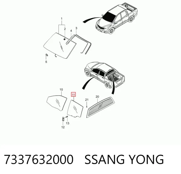 Стекло двери задней левой 7337632000 Ssang Yong