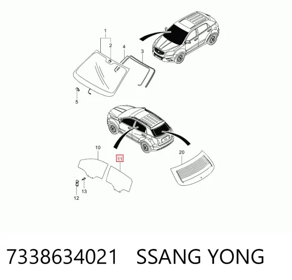 Стекло двери задней правой 7338634021 Ssang Yong