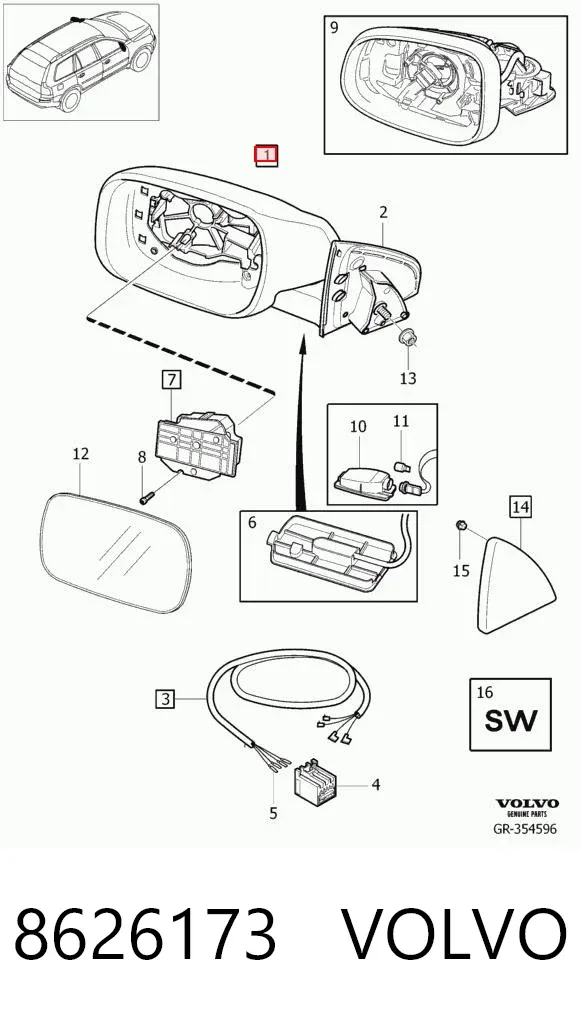 Левое боковое зеркало 8626173 Volvo