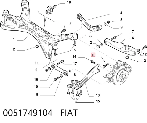 Болт крепления заднего развального рычага, наружный 0051749104 Fiat/Alfa/Lancia