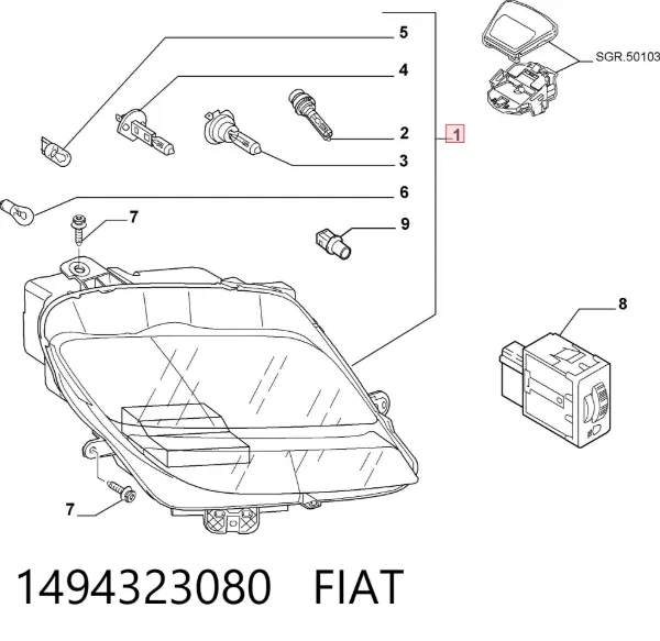 Правая фара 1494323080 Fiat/Alfa/Lancia