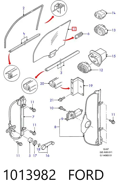 Стекло двери передней левой 1013982 Ford