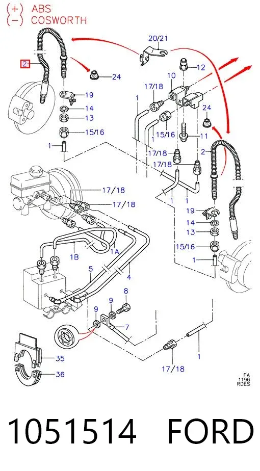 Шланг тормозной передний правый 1051514 Ford