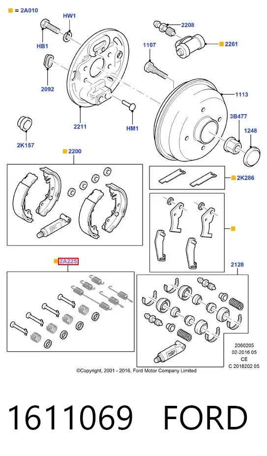 Монтажный комплект задних барабанных колодок 1611069 Ford