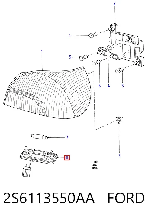 Фонарь подсветки номерного знака 2S6113550AA Ford