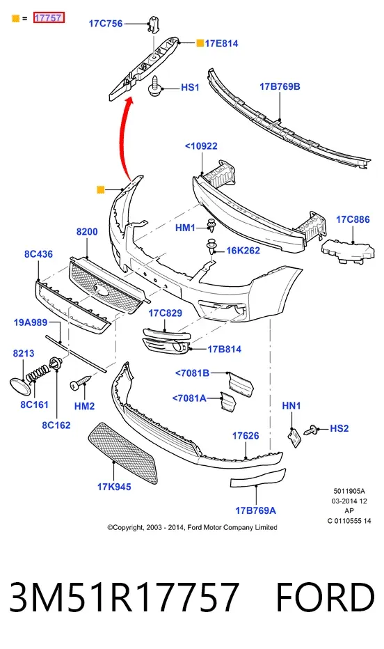 Передний бампер 3M51R17757 Ford