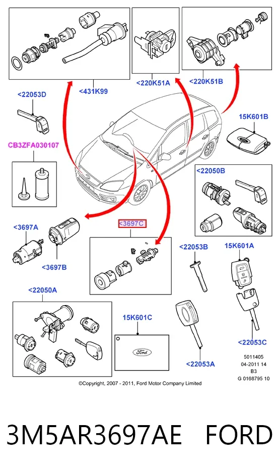 Личинка замка зажигания 3M5AR3697AE Ford