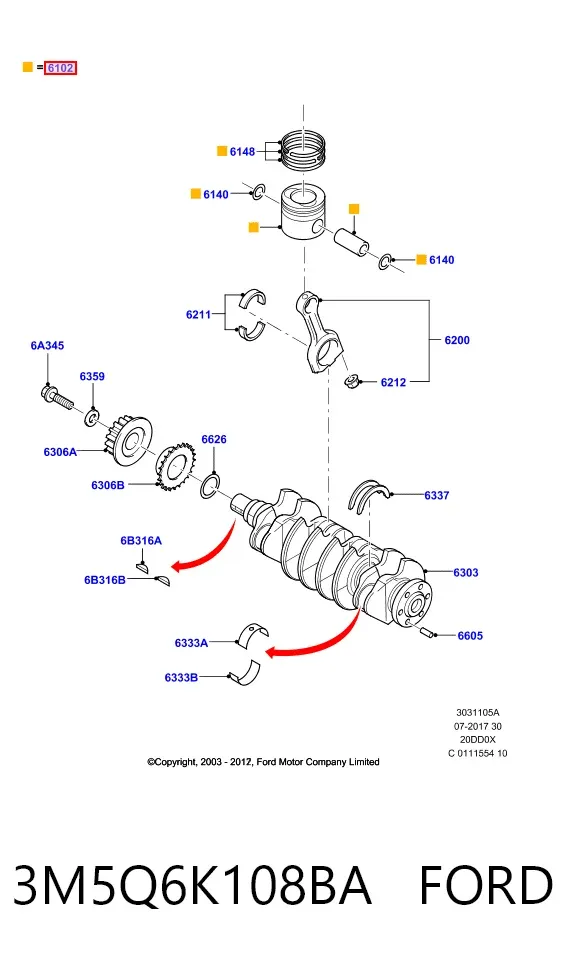 Поршень на 1 цилиндр 3M5Q6K108BA Ford