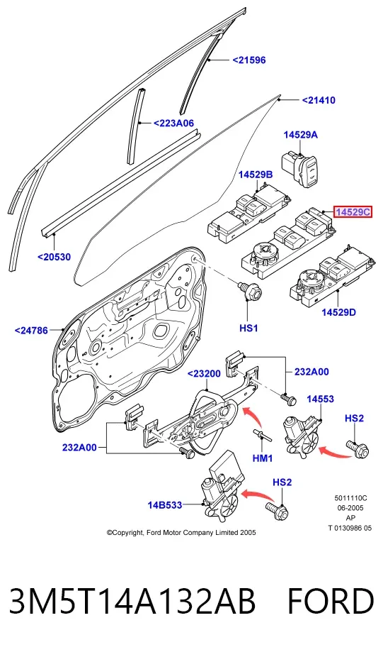 Кнопочный блок управления стеклоподъемником передний левый 3M5T14A132AB Ford