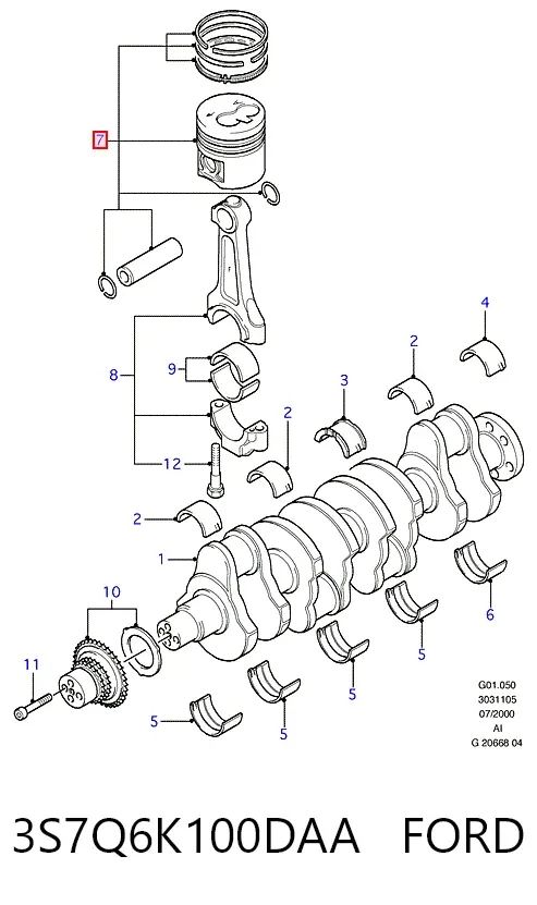 Поршень на 1 цилиндр 3S7Q6K100DAA Ford