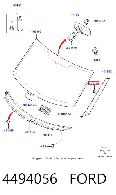 Пистон (клип) крепления молдинга лобового стекла FORD 4494056