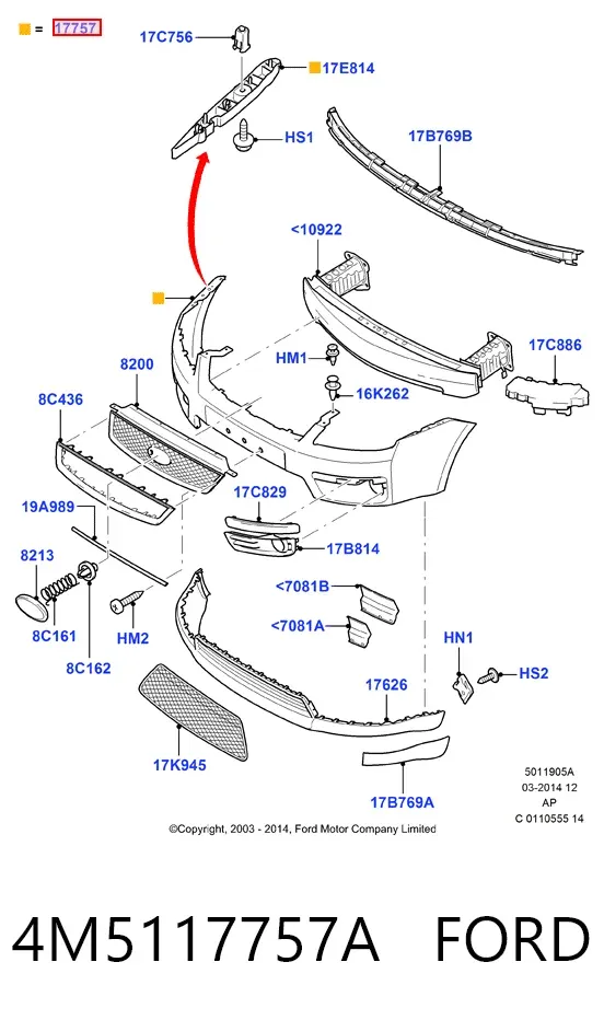 Передний бампер 4M5117757A Ford