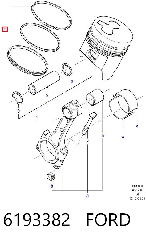 Комплект поршневых колец на 1 цилиндр, стандарт 6193382 Ford