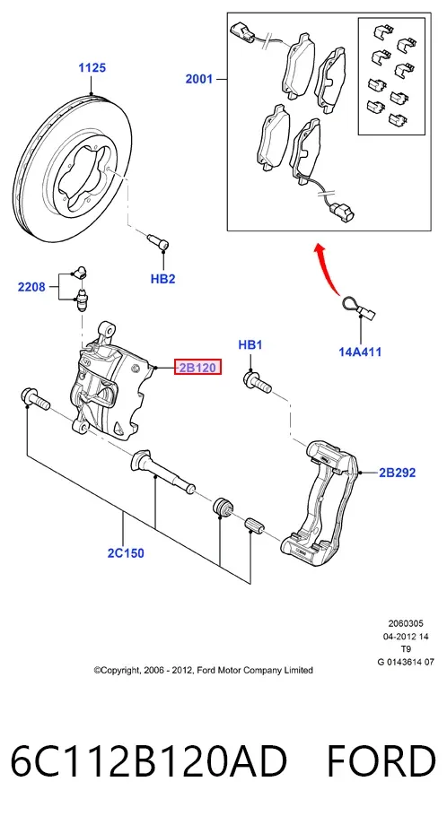 Суппорт тормозной передний правый 6C112B120AD Ford