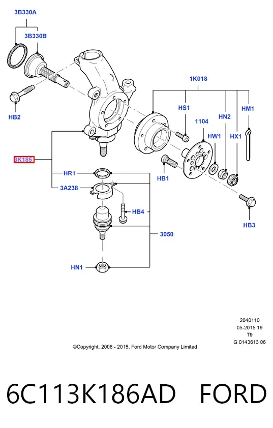 Цапфа передняя левая 6C113K186AD Ford