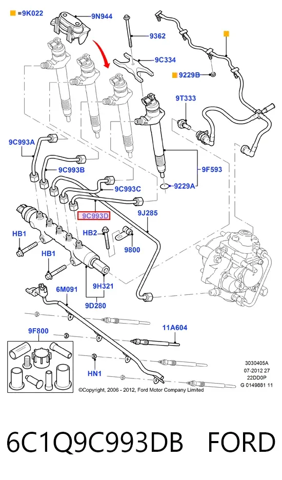 Трубка топливная форсунки 4-го цилиндра 6C1Q9C993DB Ford