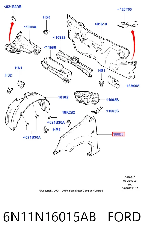 Крыло переднее правое 6N11N16015AB Ford