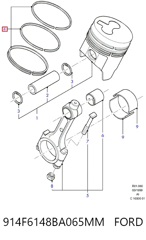 Кольца поршневые на 1 цилиндр, 2-й ремонт (+0,65) 914F6148BA065MM Ford