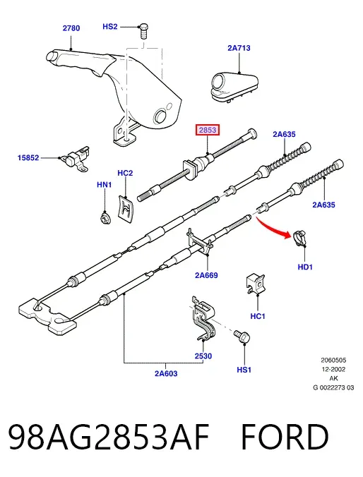 Передний трос ручника 98AG2853AF Ford