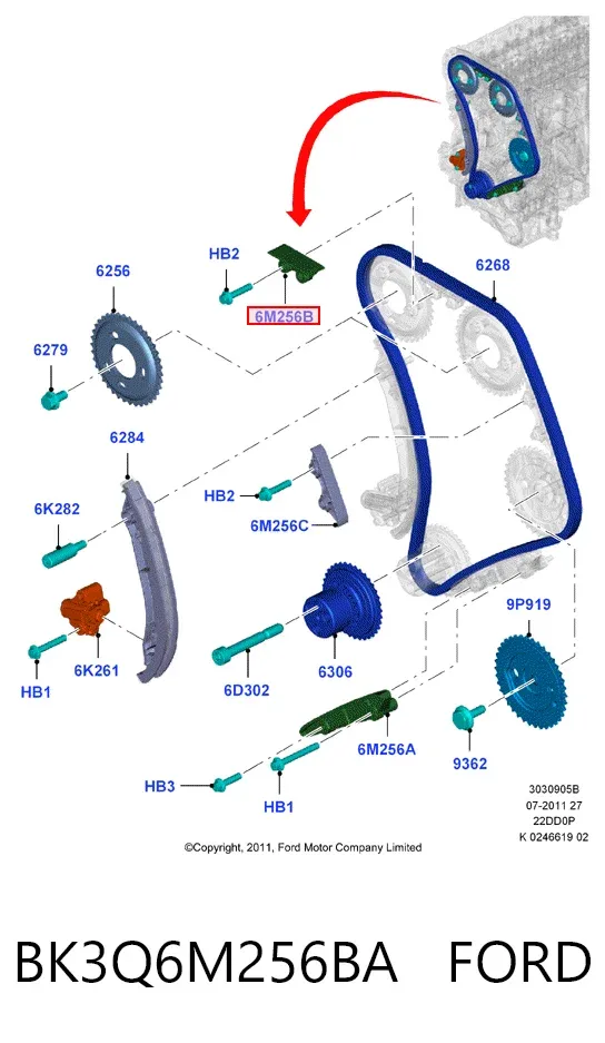 Успокоитель цепи ГРМ, верхний BK3Q6M256BA Ford