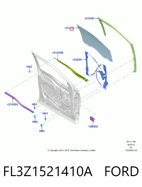 Стекло двери передней правой FL3Z1521410A Ford