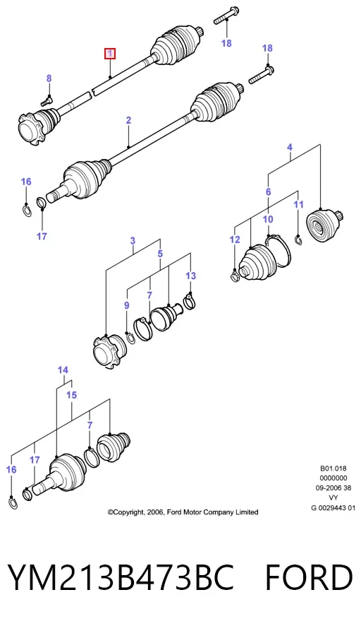 Полуось передняя YM213B473BC Ford
