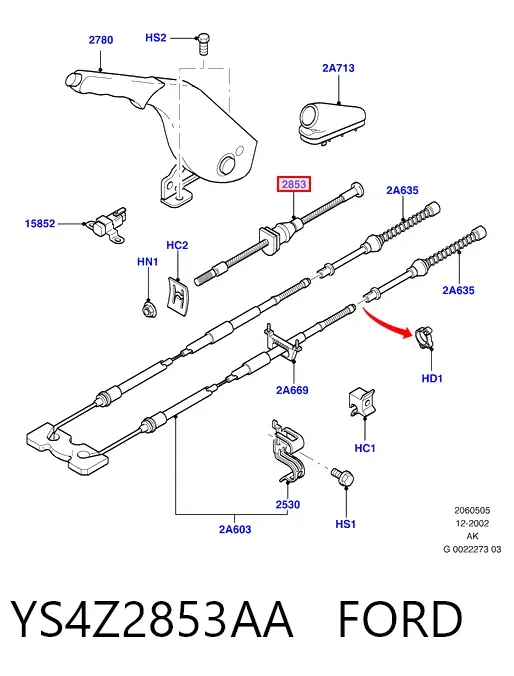 Передний трос ручника YS4Z2853AA Ford