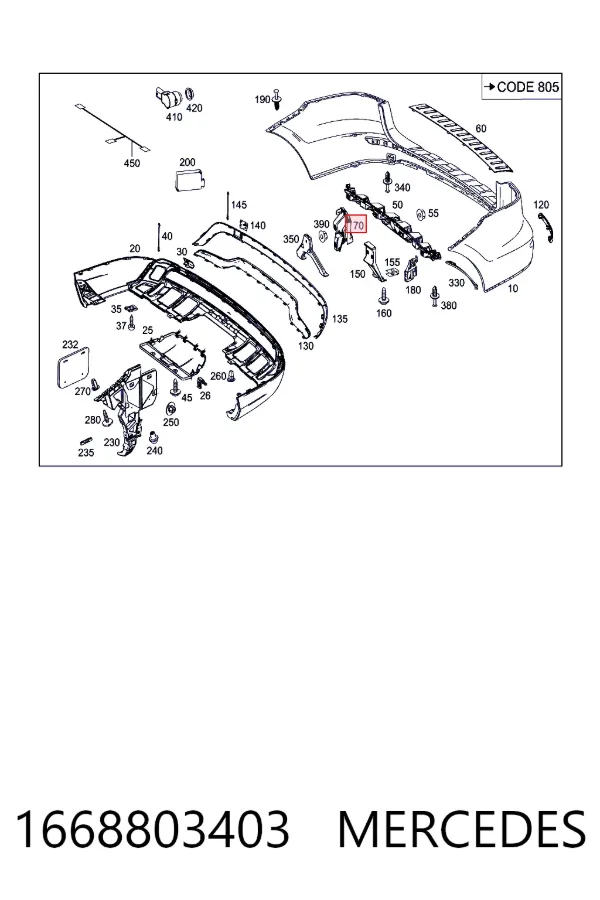 Кронштейн бампера заднего правый 1668803403 Mercedes