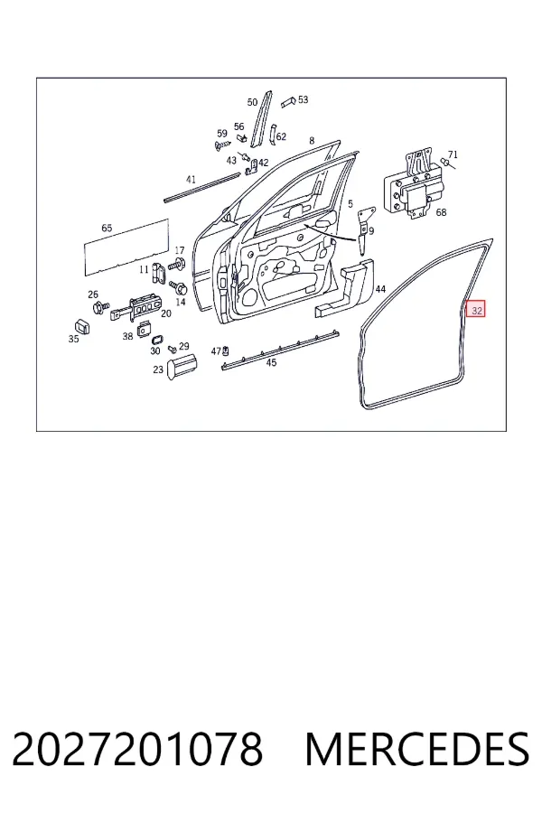 Купить A2027201078 Mercedes Уплотнитель двери передней левой (на двери)