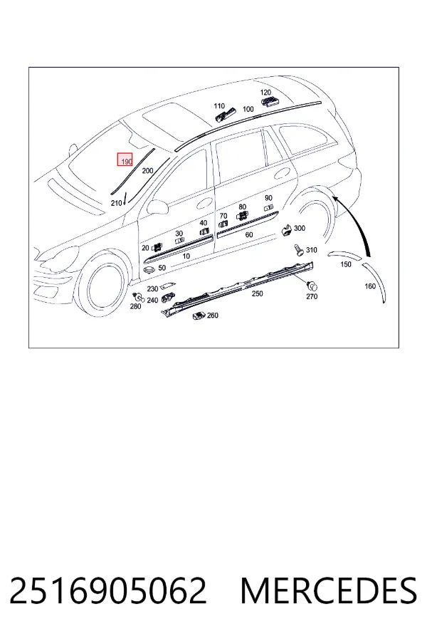 Молдинг крыши правый 2516905062 Mercedes