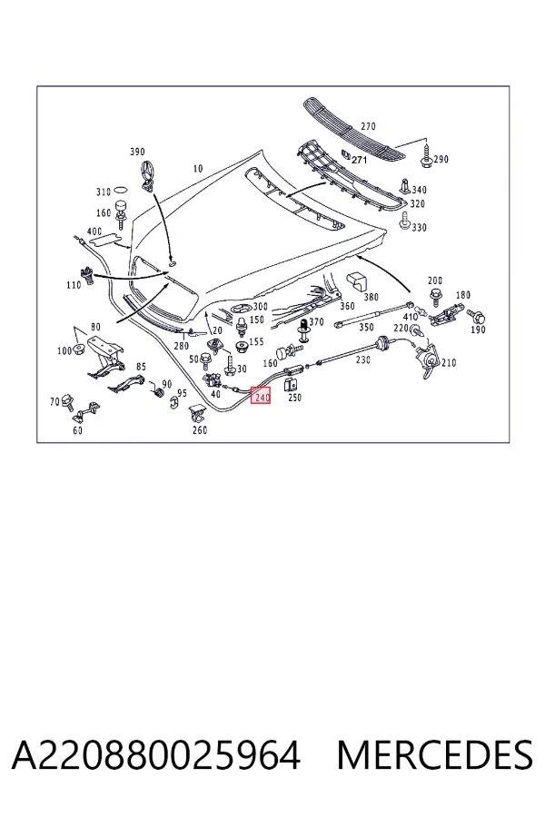 Купить A2208800259 Mercedes Трос открывания капота передний