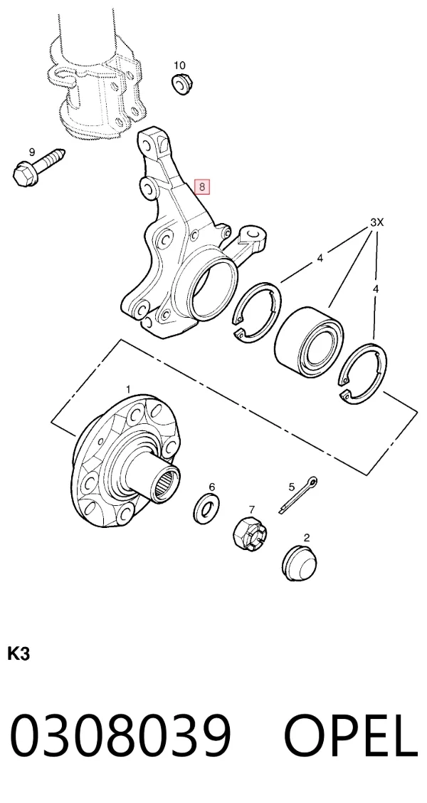 Цапфа передняя правая 0308039 Opel