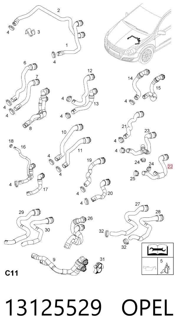 Шланг отопителя обратка 13125529 Opel