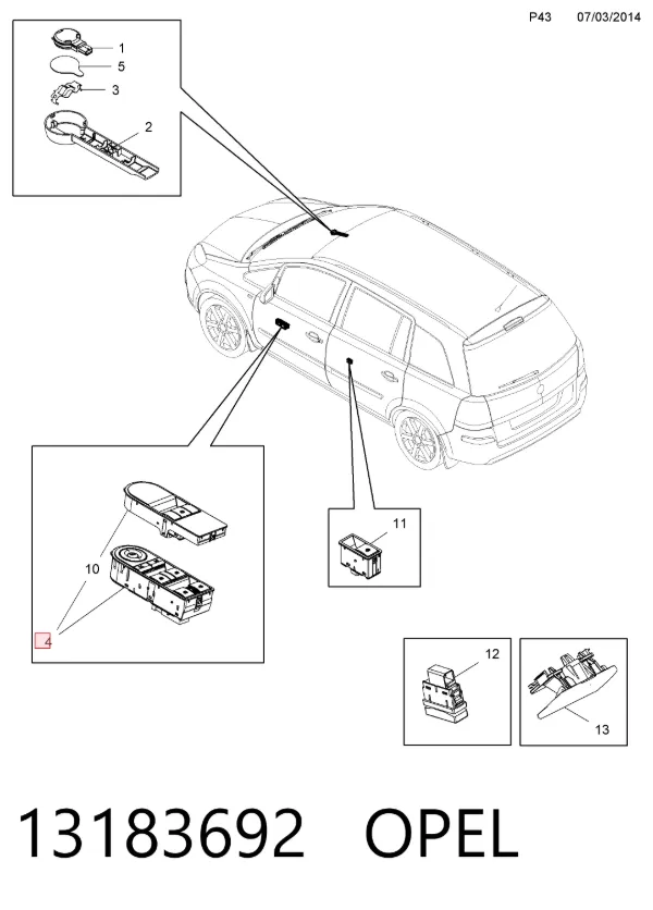 Кнопочный блок управления стеклоподъемником передний левый 13183692 Opel