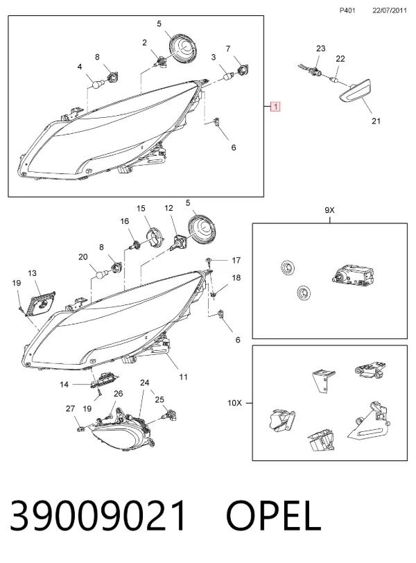 Левая фара 39009021 Opel