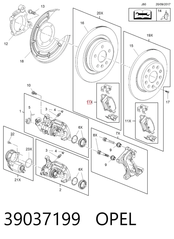 Задние тормозные колодки 39037199 Opel