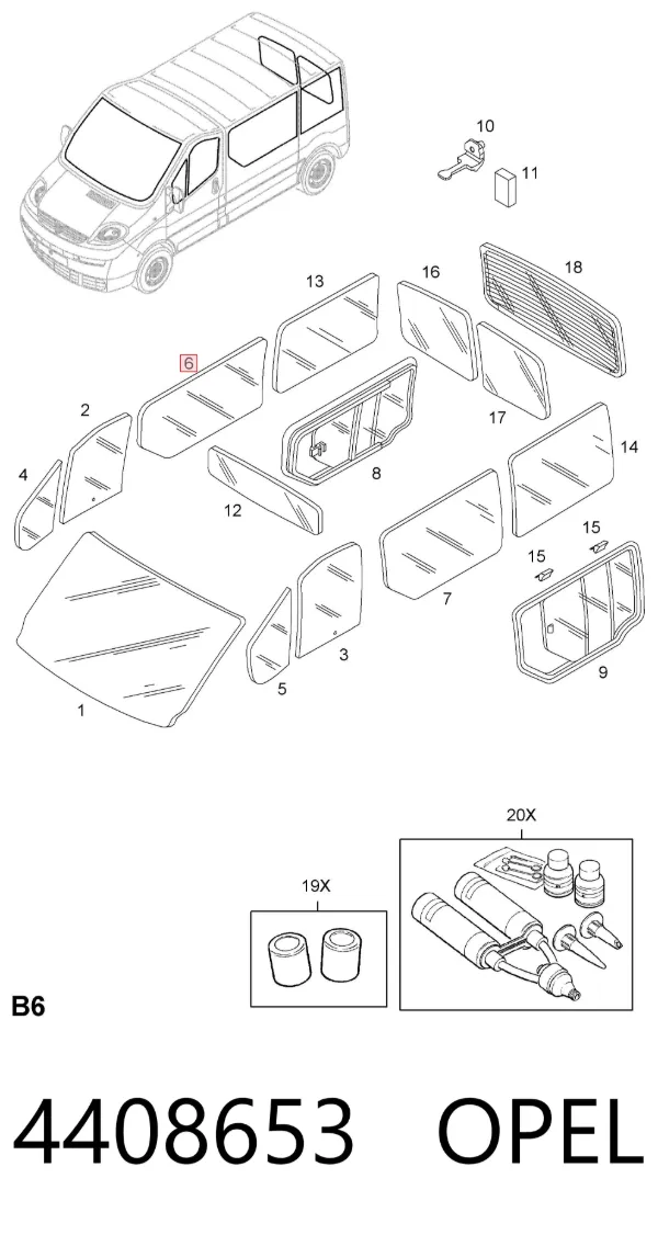 Стекло двери боковой сдвижной правой 4408653 Opel