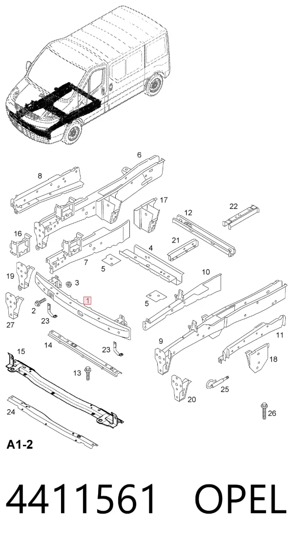 Усилитель переднего бампера 4411561 Opel