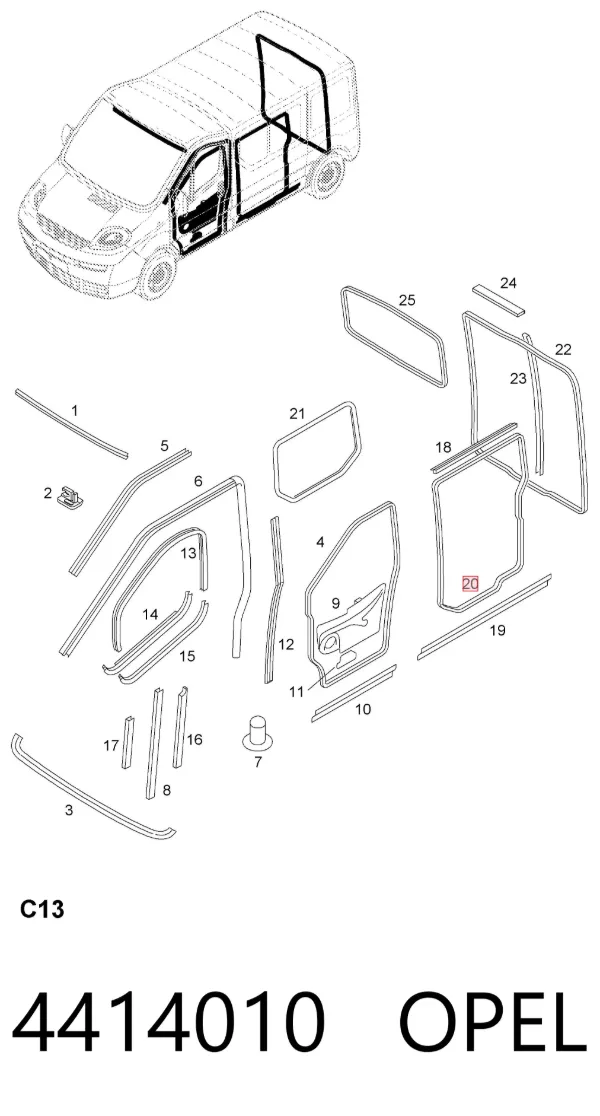 Уплотнитель двери задней правой (на кузове) 4414010 Opel
