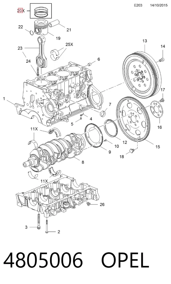 Комплект поршневых колец на 1 цилиндр, стандарт 4805006 Opel