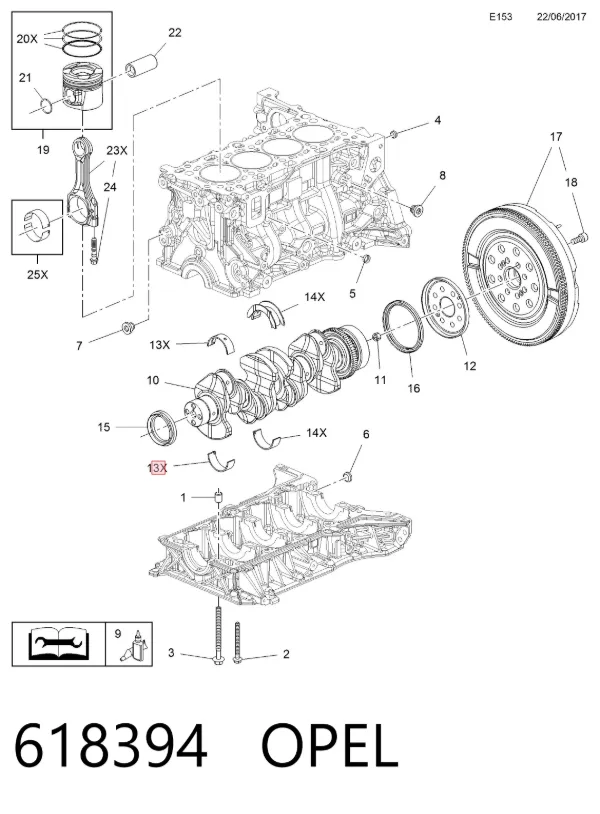 Вкладыши коленвала коренные, комплект, стандарт (STD) 618394 Opel